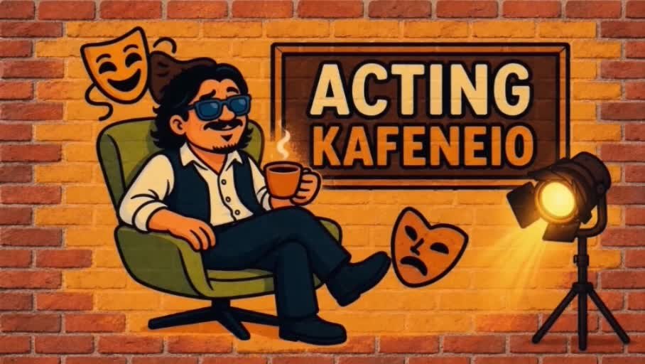 Acting Kafeneio — ο χαρακτήρας καθισμένος με τον καφέ του.